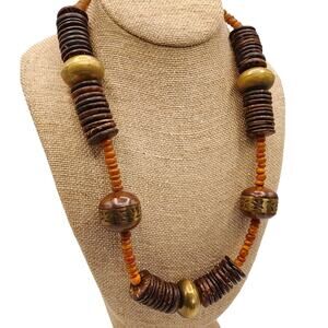 Vintage 70s Tribal Boho Coconut Brass Bead Necklace